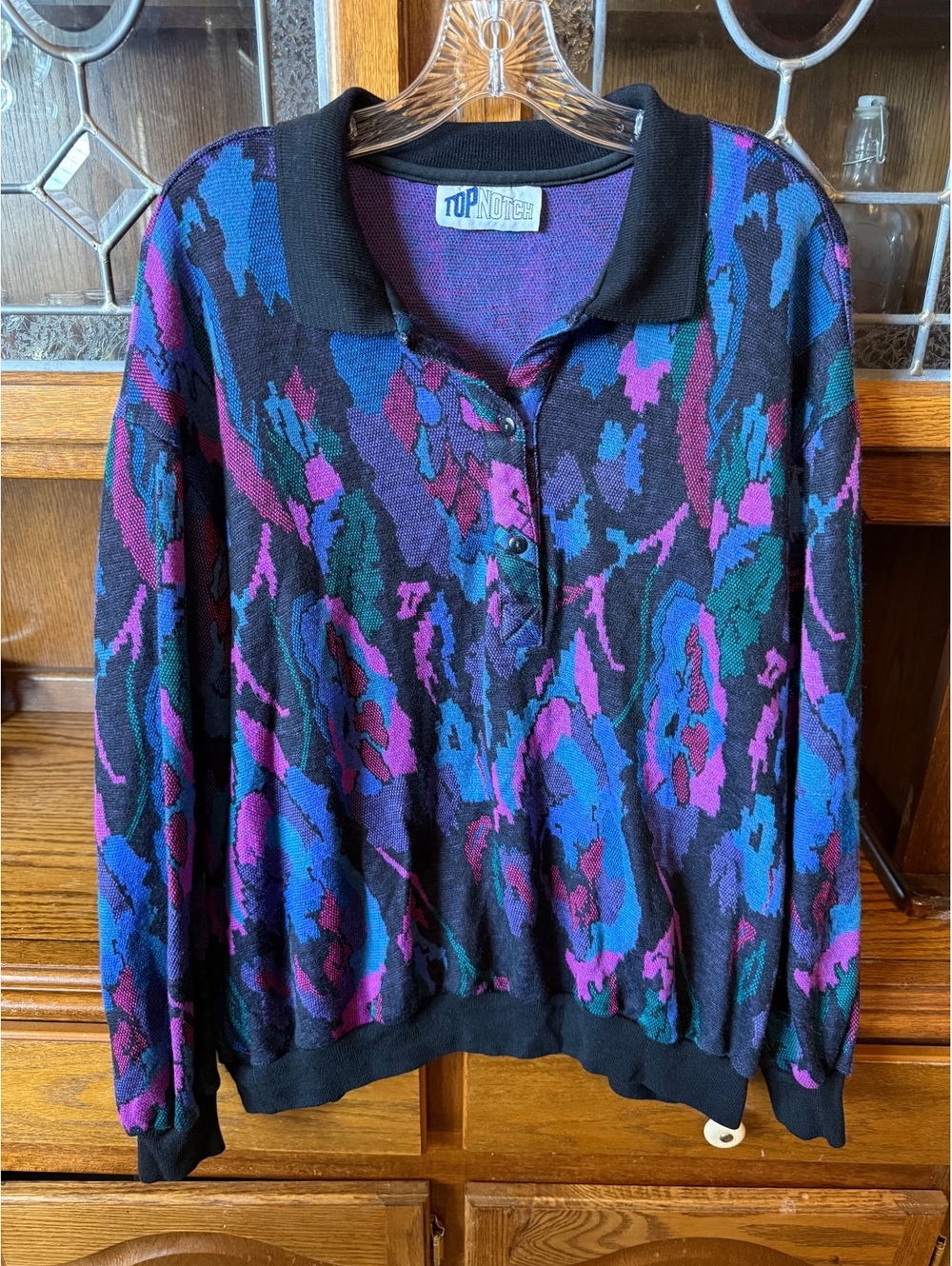 Vintage Top Notch Abstract Knit Polo Sweater Purple Blue Pink Size 2X 80s 90s